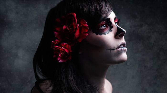 sugar skull, brunette, makeup, Dia de los Muertos, flowers