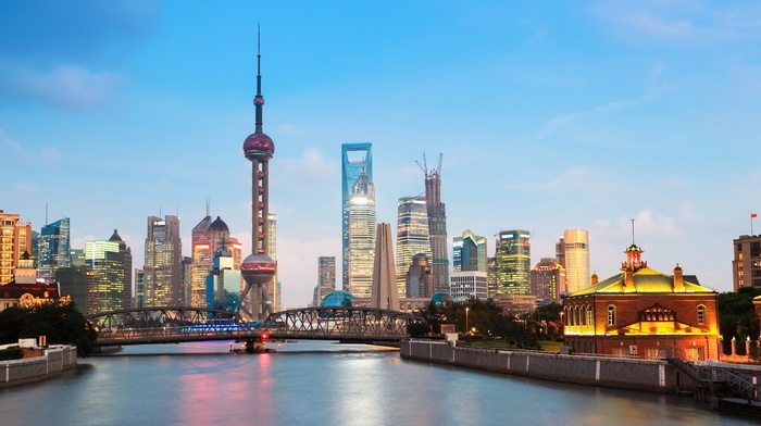 Shanghai, architecture, bridge, lights, tower, building, skyscraper, China, river, cityscape
