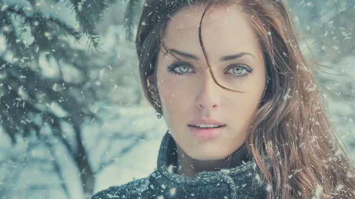 winter, Sarah Allag, girl, face, green eyes, JimaGination, redhead, snow, looking at viewer, brunette, model, kohl eyes