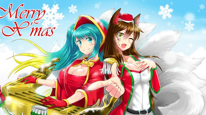 Ahri, video games, League of Legends, girl, musical instrument, snow, Christmas, Sona