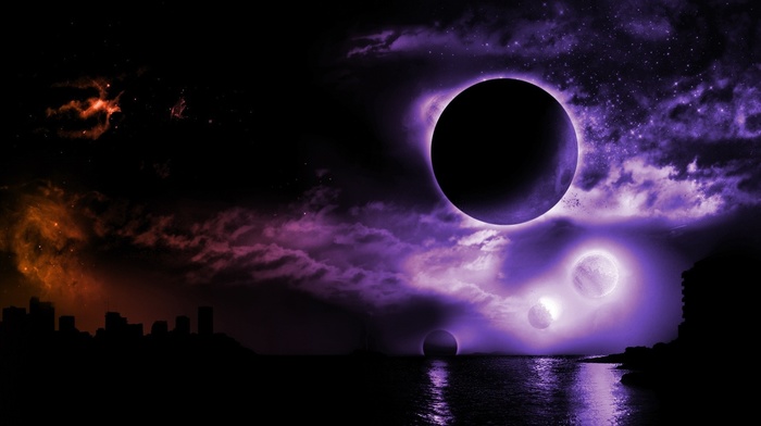 purple, night, Kansas City, moon
