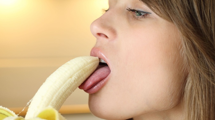 food, girl, innuendo, licking, face, bananas, brunette