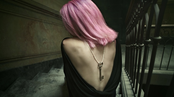 backless, girl, pink hair, stairs, keys