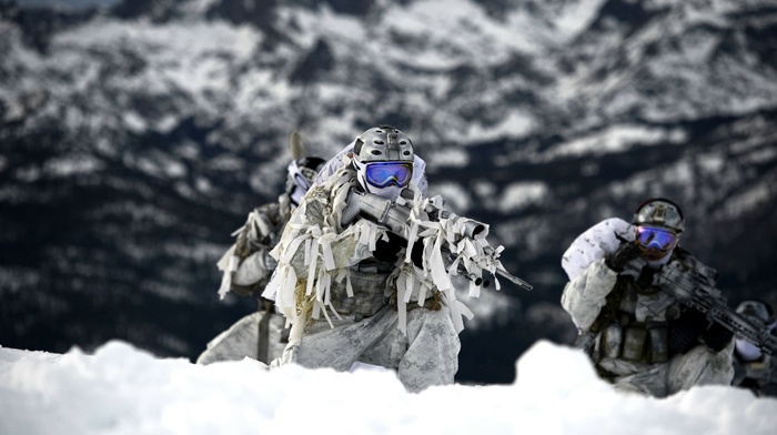 winter, Navy SEALs, snow, FN SCAR, military, goggles, Mk 18 Mod 0, gun