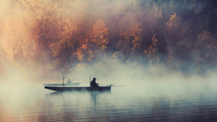 mist, landscape, lake, water, fishing, fall, nature, fisherman, forest, morning, men, trees, boat