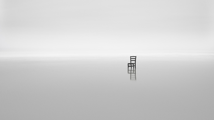 white background, minimalism, reflection, monochrome, water, nature, chair, horizon