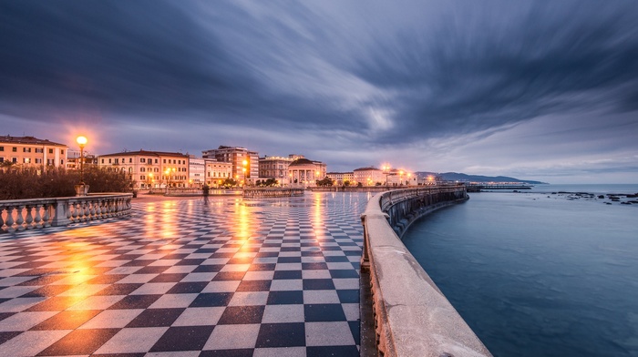 Europe, town square, long exposure, Italy, terraces, checkered, cityscape, evening, architecture, Livorno