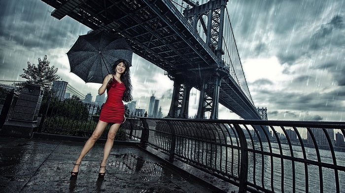 high heels, model, umbrella, girl outdoors, red dress, rain, girl, brunette, manhattan bridge