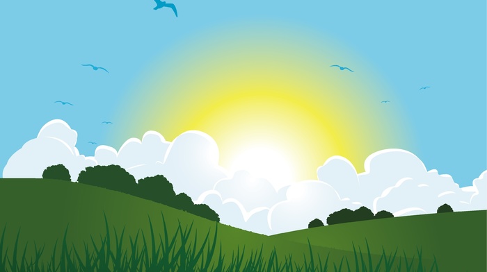 grass, clouds, vector art, Sun