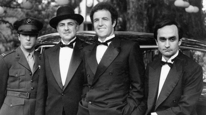 legends, The Godfather, Al Pacino, men, movies, Vito Corleone, 1972, John Cazale, Michael Corleone, old car, families, suits, Marlon Brando, James Caan, uniform, monochrome, actor