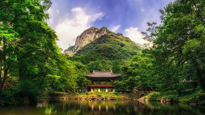 lake, mountain, nature, bridge, clouds, house, trees, forest, reflection, landscape, South Korea