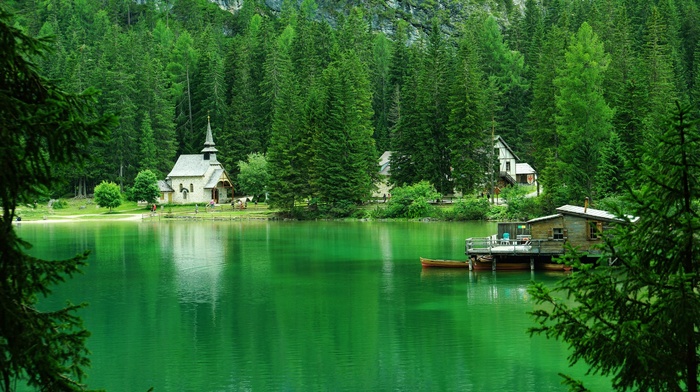 reflection, church, lake, landscape, nature, trees, house, forest, boat, rock, mountain, green, Italy