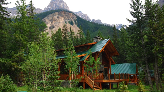 rock, trees, landscape, nature, house, wood, Canada, Alberta, forest, mountain