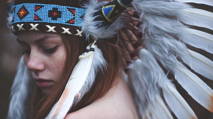 girl, face, feathers, native americans, redhead, headdress, long hair, freckles, model