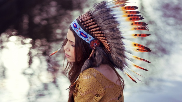 model, sweater, girl, native americans, feathers, girl outdoors, redhead, long hair, face, headdress