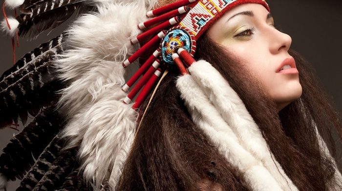 open mouth, model, feathers, long hair, simple background, native americans, brown eyes, face, headdress, brunette, makeup, girl