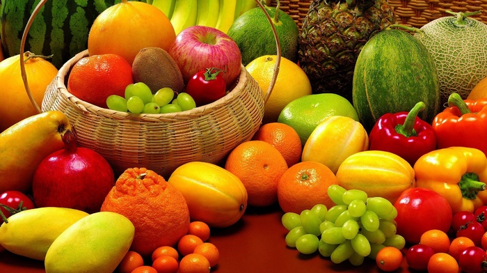 orange fruit, pineapples, tomatoes, grapes, baskets, peppers