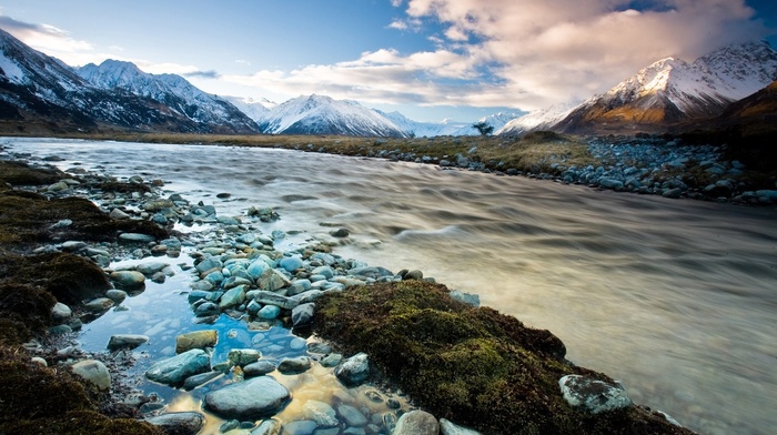 snow, water, trees, long exposure, clouds, hill, rock, mountain, river, landscape, nature, New Zealand