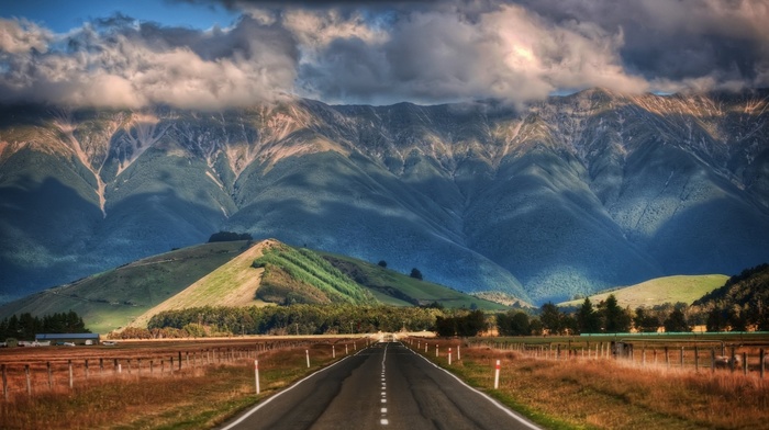 trees, nature, landscape, hill, fence, road, HDR, clouds, shadow, mountain, New Zealand
