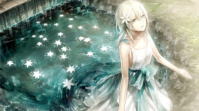 white dress, NieR, water, anime, flower in hair, flowers, Yonah Nier, ribbon, anime girls