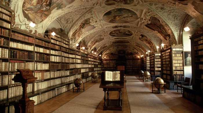 library, books, Prague, globes, Klementinum, Czech Republic, shelves, interiors