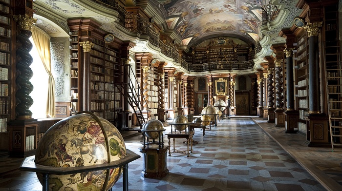books, pillar, Czech Republic, sunlight, window, architecture, globes, tiles, Klementinum, Prague, interiors, library, shelves