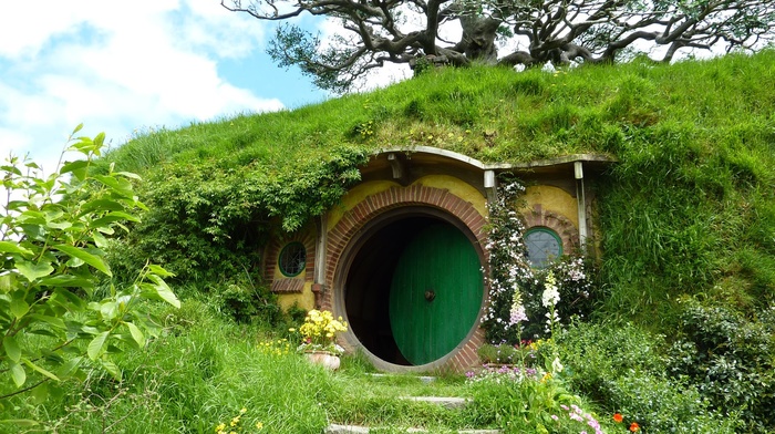 door, green, Hobbiton, landscape, New Zealand, house, nature, trees, flowers, grass