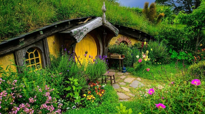 Hobbiton, landscape, flowers, house, trees, nature, grass, door, New Zealand, green