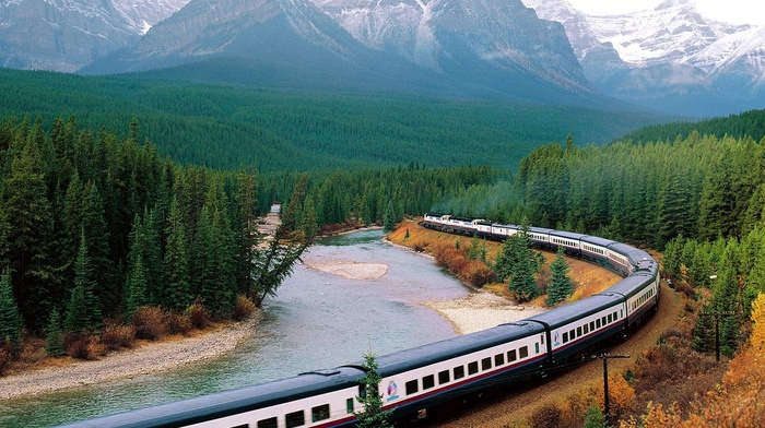 nature, railway, mountain, Canada, trees, river, landscape, forest, train, snow