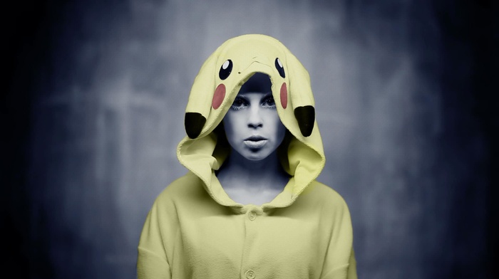 Yolandi Visser, selective coloring, girl, Die Antwoord, costumes, music, Pikachu, Pokemon