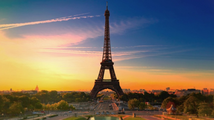 architecture, Paris, sky, contrails, sunset, tower, color correction, France, clouds, Eiffel Tower