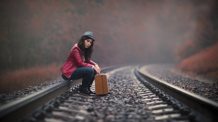 railway, nature, clouds, brunette, model