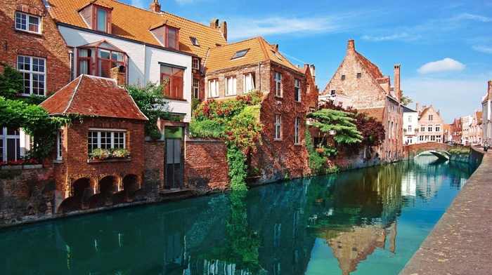 city, building, Bruges, river, Belgium