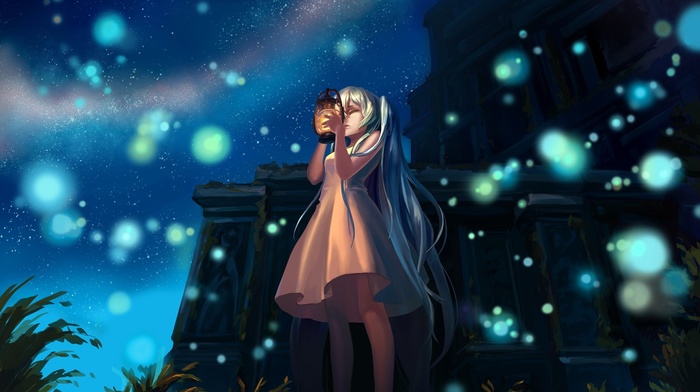 anime girls, stars, night, Hatsune Miku, Vocaloid