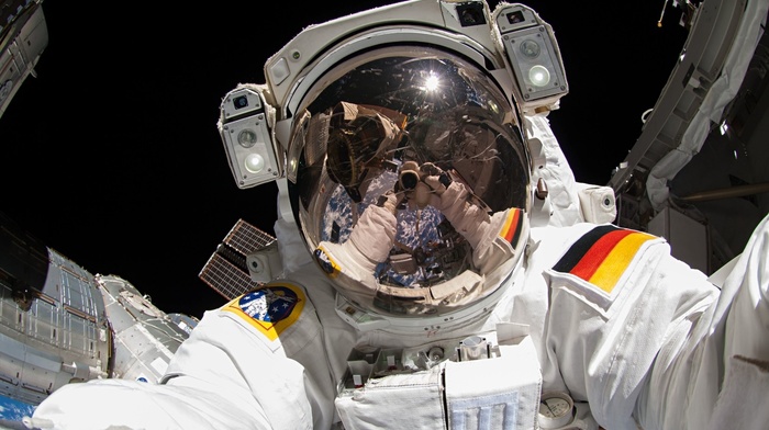 universe, camera, space station, space, self shots, Orbital Stations, orbits, helmet, space suit, reflection, ESA, Earth, German, flag