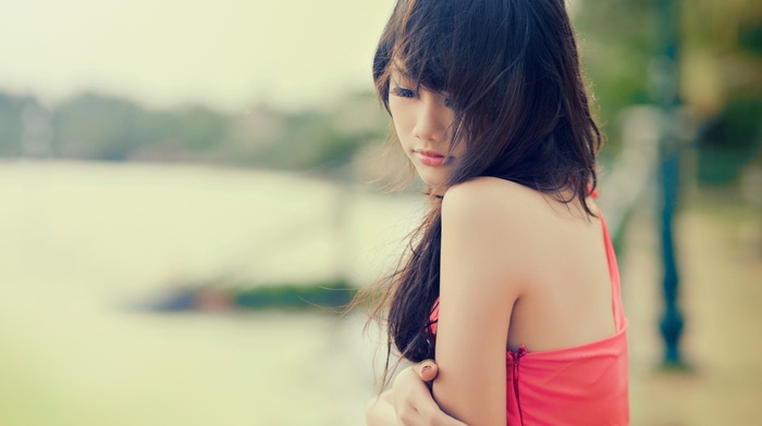 girl, Asian, dress, looking down, brunette