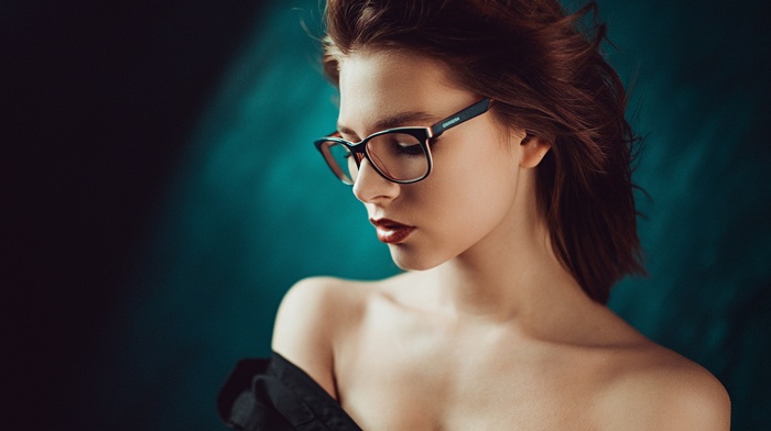 glasses, bare shoulders, Georgiy Chernyadyev, redhead, girl, red lipstick, model
