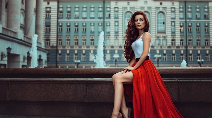 model, red dress, Georgiy Chernyadyev, white tops, girl, high heels, redhead, curly hair, long hair