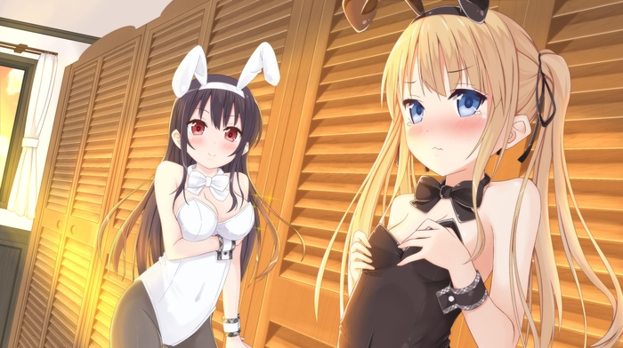 bunny suit, blonde, bunny ears, black hair, cleavage, ecchi, twintails, Sawamura Eriri Spencer, Kasumigaoka Utaha, Saenai Heroine no Sodatekata, red eyes