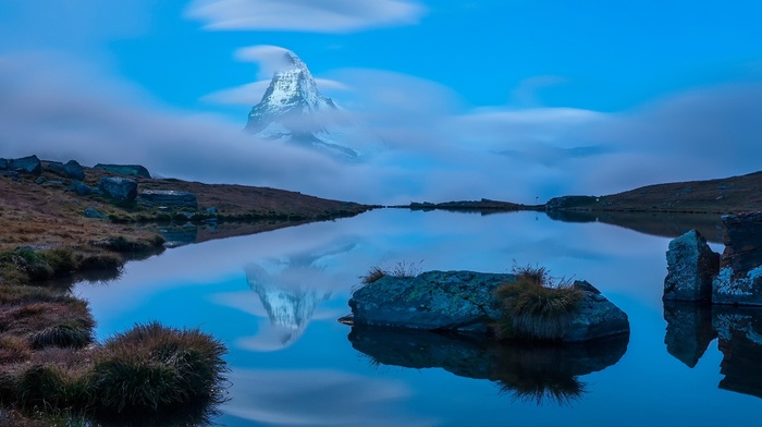 reflection, long exposure, clouds, Switzerland, nature, mountain, landscape, rock, hill, lake, water