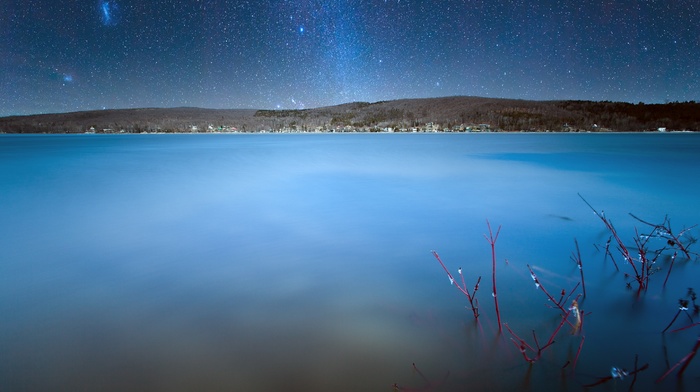 Quebec, night, house, stars, water, hill, nature, landscape, long exposure, lake, Canada, blue