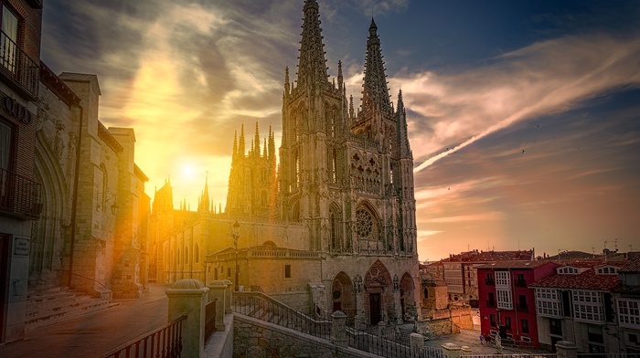 building, Spain, clouds, house, cityscape, sunlight, Burgos, cathedral, architecture, tower, town, Sun