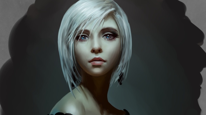 artwork, white hair, girl, face, blue eyes