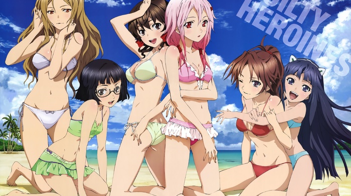 Guilty Crown, Shinomiya Ayase, Kusama Kanon, Yuzuriha Inori, anime girls, beach, Kuhouin Arisa, bikini, Menjou Hare, Tsugumi Guilty Crown