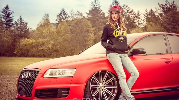 looking away, audi a6, red cars, baseball caps, girl with cars