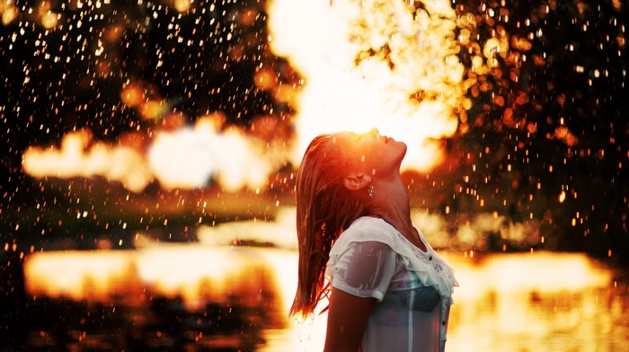 girl, bokeh, looking up, water, Golden Hour, wet clothing, closed eyes, sunlight