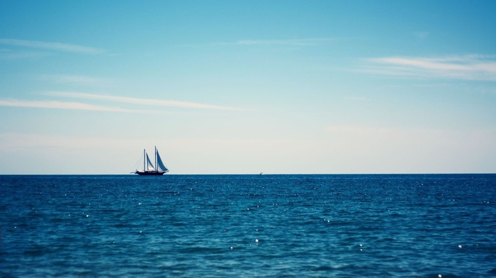 horizon, sailing ship, minimalism, sea, clouds, water