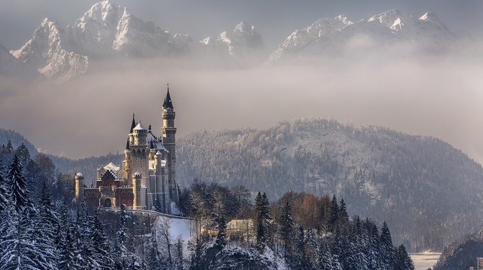 mountain, castle, landscape, mist, nature, hill, architecture, forest, trees, snow, tower, Neuschwanstein Castle, winter, Germany