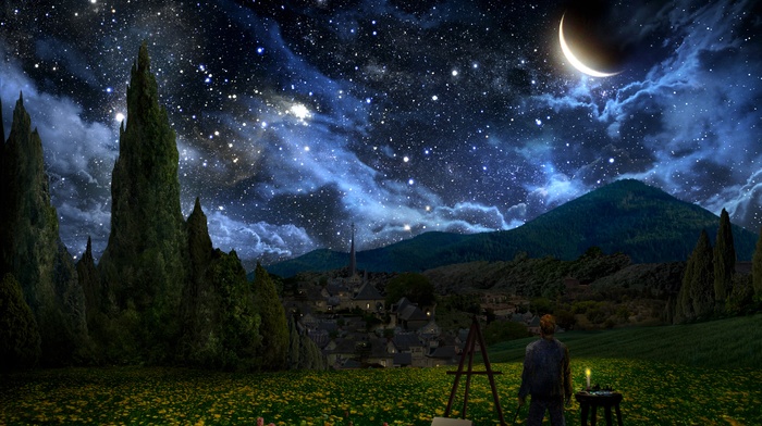 stars, The Starry Night, Vincent van Gogh, crescent moon, landscape, painters
