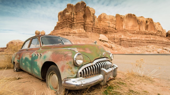 desert, rock formation, car, wreck